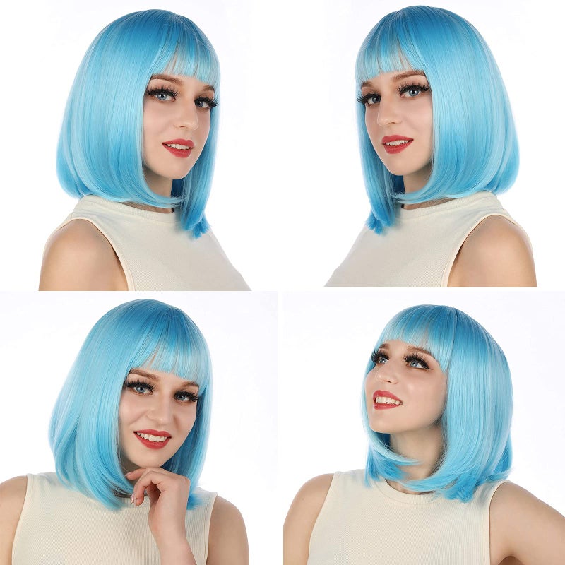 eNilecor Short Bob Hair Wigs 12" Straight with Flat Bangs Synthetic Colorful Cosplay Daily Party Wig for Women Natural As Real Hair+ Free Wig Cap (Blue) - Image 4